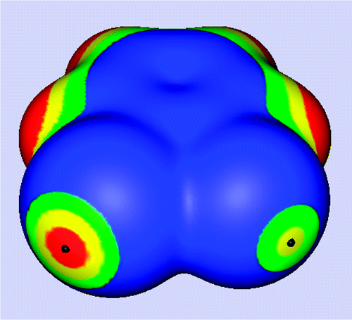 Computed electrostatic potential on the 0.001 au molecular surface of ortho-bromochlorobenzene. The bromine and chlorine atoms are facing the viewer, at left and right, respectively. Color ranges, in kcal/mol, are red, more positive than 10; yellow, from 10 to 5; green, from 5 to 0; blue, negative (less than 0). The most positive values, VS,max, are designated by black hemispheres; these are 13.0 (bromine) and 6.5 kcal/mol (chlorine). These correspond to the σ-holes on the bromine and the chlorine.
